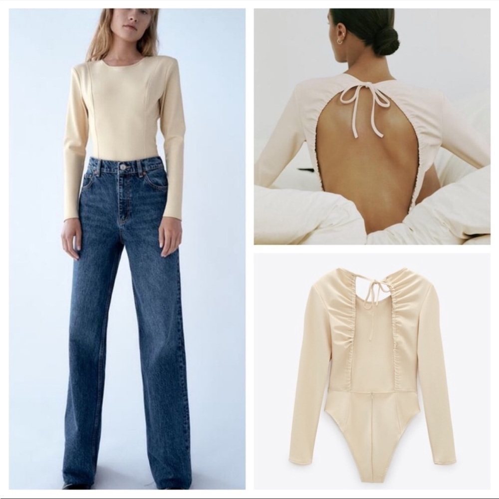 [Zara] Cream Long Sleeve Cut-Out Back Bodysuit